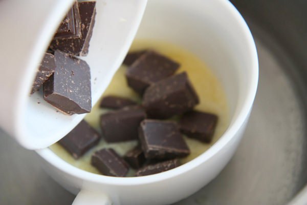 Melt chocolate and butter together in bain-marie.