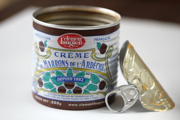 French chestnut spread (creme de marrons) is cooked and sweetened.