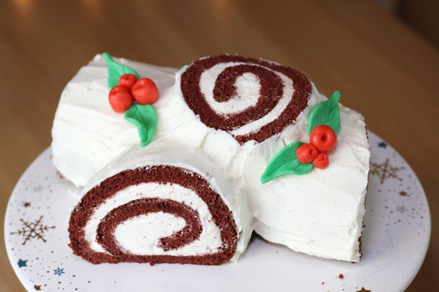 Red Velvet Yule Log Cake - Christmas Buche de Noel - Eugenie Kitchen