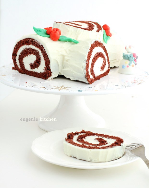 Red Velvet Yule Log Cake - Christmas Buche de Noel - Eugenie Kitchen