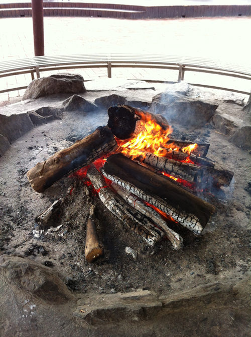 Fireplace at ski resort.